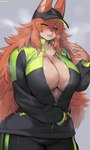 alternative_fashion anthro big_breasts blush bodily_fluids breasts cleavage clothed clothing female female_anthro fur green_eyes gyaru hair huge_breasts j-fashion jacket kemono long_hair looking_at_viewer musk solo streetwear sweat tail topwear tracksuit unzipped zipper suurin_2 ookami-chan_(suurin_2) canid canine canis mammal wolf 2022 3:5 absurd_res digital_media_(artwork) hi_res