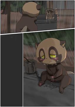 anthro balls blush bodily_fluids border brown_body brown_fur foreskin fur genitals half-closed_eyes hand_on_penis male motion_lines narrowed_eyes nude_anthro outside pawpads paws penis pink_pawpads pink_penis plant raining sitting small_penis solo tears text tree water well white_border window yellow_eyes young young_anthro young_male yuki_(8l3ftmb4hiuewtm) obakeidoro! ponkichi_(obakeidoro!) canid canine mammal raccoon_dog tanuki 2025 censored comic hi_res japanese_text translated