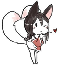 2_tails black_hair blowing_kiss blush chibi female hair heart_symbol multi_tail one_eye_closed simple_background solo standing tail white_background hamze league_of_legends riot_games tencent ahri_(lol) animal_humanoid canid canid_humanoid canine canine_humanoid fox_humanoid humanoid mammal mammal_humanoid 2015