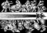 anthro bizarre clothing creepy detailed_ambient_creature detailed_background fantasy flag gas_mask group hat headgear headwear holding_object knife macro male mask melee_weapon perspective side_view silhouette staff surrealism sword symmetry_(rotational) travel walking walking_stick weapon nikraccoom canid canine canis humanoid mammal wolf cross-hatching detailed hatching_(art) monochrome shaded