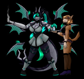 5_claws 5_fingers accessory angry anthro arm_cannon boots bow_ribbon brown_body chest_belt claws clothed clothing container cup cybernetic_arm cybernetic_limb cybernetics dress duo female fingers fishnet_clothing fishnet_legwear fishnet_topwear floating_wings footwear fully_clothed glass glass_container glass_cup green_eyes green_markings grey_body grey_tail gun gun_smoke hair_accessory hair_bow hair_ribbon horn leg_belt legwear looking_at_another machine markings neutral_expression partially_clothed plantigrade pointy_ears purple_eyes ranged_weapon ribbons serving_tray shoes short_tail simple_background smoke snout tail topwear transparent_background unusual_anatomy unusual_wings weapon weapon_arm wings wristband wirwik mythology enfuria_the_dragon canid canine canis cyborg domestic_dog dragon hunting_dog mammal mythological_creature mythological_scalie saluki scalie sighthound absurd_res alpha_channel hi_res