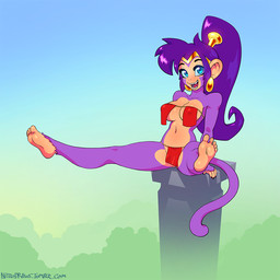 5_fingers 5_toes alternate_form anthro anthrofied bare_shoulders biped blue_eyes bottomwear breasts cleavage clothed clothing crown ear_piercing eyebrows eyelashes feet female fingers fur hair headgear loincloth long_hair looking_at_viewer navel open_mouth piercing ponytail purple_body purple_fur purple_hair sitting smile solo spread_legs spreading teeth text tiara toes tongue under_boob nitro shantae_(series) wayforward shantae_(monkey_form) animal_humanoid haplorhine humanoid mammal monkey primate 1:1