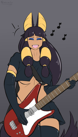 bottomwear breasts clothing crop_top electric_guitar eyeshadow female guitar legwear makeup music musical_instrument musical_note musical_symbol playing_guitar playing_music plucked_string_instrument shirt skirt smile solo stockings string_instrument symbol tongue topwear under_boob conditional_dnp quin-nsfw anubii_(quin-nsfw) animal_humanoid anubian_jackal canid canid_humanoid canine canine_humanoid canis humanoid jackal jackal_humanoid mammal mammal_humanoid 4:7 absurd_res digital_media_(artwork) hi_res