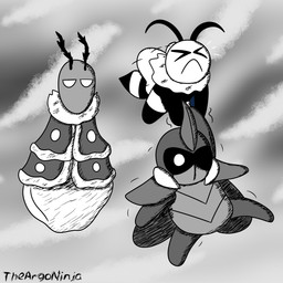 ambiguous_gender antennae_(anatomy) anthro biped black_body black_text cloud empty_eyes eyes_closed flying fur group holding_another horn motion_lines mouth_closed neck_tuft outside sky text trio tuft white_eyes wings theargoninja bug_fables moonsprout_games kabbu_(bug_fables) leif_(bug_fables) vi_(bug_fables) arthropod bee beetle hymenopteran insect lepidopteran moth 1:1 2024 absurd_res artist_name english_text hi_res monochrome