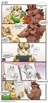 anthro boss_(gym_pals) bulge canid canine canis clothed clothing clothing_lift comic dialogue drawing english_text felid gym_pals h155296 hat headgear headwear hi_res male mammal myosotis_(gym_pals) nipple_piercing nipples pal_(gym_pals) pantherine piercing text tiger wolf