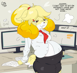 accessory anthro bottomwear brown_eyes clothed clothing collared_shirt computer_keyboard computer_monitor cubicle desk email female fur furniture hair hair_accessory hair_tie leaning leaning_backward leaning_on_object navel necktie office open_clothing open_shirt open_topwear outie_navel pregnant pregnant_anthro pregnant_female shirt skirt solo table text tied_hair topwear yellow_body yellow_fur guzzlord420 animal_crossing nintendo isabelle_(animal_crossing) canid canine canis domestic_dog mammal shih_tzu toy_dog english_description english_text hi_res