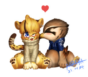 anthro beak blonde_hair blue_clothing blue_eyes blue_topwear blush bottomless brown_body brown_feathers chibi clothed clothing duo feathers front_view fur glistening glistening_eyes hair happy heart_symbol kissing male one_eye_closed open_mouth simple_background sitting tan_body tan_clothing tan_feathers tan_topwear topwear white_background yellow_body yellow_fur papayafurry avian felid mammal 2021 absurd_res dated hi_res signature