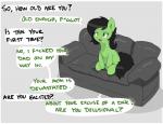 black_hair casting_couch dialogue feral fur furniture green_body green_eyes green_fur hair homophobic_slur simple_background slur sofa solo text kumakum hasbro my_little_pony filly_anon equid equine horse mammal english_text hi_res