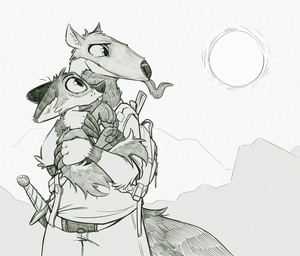 ambiguous_gender anthro arm_tuft backpack belt biped blep carrying_another cheek_tuft claws clothed clothing cradling detailed_background duo elbow_tuft facial_tuft feral front_view head_tuft larger_anthro long_tongue looking_aside looking_at_another nude outside pawpads paws scabbard size_difference smaller_feral standing sun tongue tongue_out tuft young samur_shalem aca_(character) anteater canid canine canis coyote giant_anteater mammal pilosan xenarthran 2021 hi_res monochrome