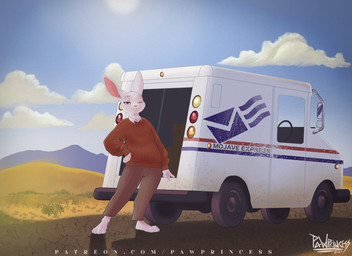 anthro car clothed clothing delivery_(commerce) delivery_employee male mojave_express outside postal_carrier postal_delivery postal_van solo text vehicle pawprincess fallout grumman_llv microsoft northrop_grumman usins_(pawprincess) lagomorph leporid mammal rabbit english_description english_text hi_res