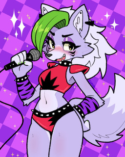 anthro arm_warmers armor armwear belt biped black_nose bracelet checkered checkered_background clothing collar countershade_face countershade_torso countershading crop_top cute_fangs ear_piercing ear_stud eyebrows eyeliner fangs female fingers fur glistening_eyelids green_hair hair jewelry makeup midriff multicolored_body multicolored_fur multicolored_hair multicolored_tail navel open_mouth open_smile pattern_background pauldron piercing purple_arm_warmers purple_armwear purple_body purple_clothing purple_eyelids purple_fur purple_tail red_clothing red_crop_top red_shirt red_topwear shirt simple_background smile solo spiked_belt spiked_bracelet spiked_collar spikes tail teeth tiger_print_arm_warmers topwear white_body white_hair white_tail jayrnski five_nights_at_freddy's five_nights_at_freddy's:_security_breach scottgames steel_wool_studios roxanne_wolf canid canine canis mammal wolf 2025 digital_media_(artwork) hi_res portrait three-quarter_portrait