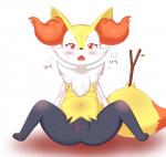 3_toes anthro anus biped black_body black_fur blush bodily_fluids braixen breasts brown_nose butt canid canine digital_media_(artwork) feet female foxteru fur generation_6_pokemon genitals glistening hi_res inner_ear_fluff korean_text leaf looking_at_viewer mammal navel nintendo nipples nude open_mouth orange_body orange_eyes orange_fur pokemon pokemon_(species) presenting presenting_hindquarters presenting_pussy pussy shadow simple_background sitting smaller_version_at_source solo spread_legs spreading stick sweat text toes tongue tuft wand white_background white_body white_fur wood yellow_body yellow_fur