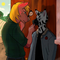 anthro barn blue_eyes clothed clothing duo eyewear farm flannel glasses male male/male plant size_difference striped_body stripes sun tangerinefrosting friendship_is_magic hasbro my_little_pony big_macintosh_(mlp) finn_the_zebra equid equine horse mammal zebra 1:1