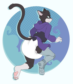 abdl anthro big_diaper bottomwear butt clothed clothing crossdressing diaper eyewear glasses green_eyes hoodie male presenting presenting_hindquarters robotic_leg robotic_limb skirt solo topwear bubblepuppers fan_character meti_geer_(luci_j) felid feline mammal absurd_res hi_res
