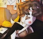 abuse anthro atmospheric_perspective big_tail blush breasts clothing detailed_background empty_eyes female fur grey_body grey_ears hair legwear lonely looking_at_viewer mouthless multicolored_body multicolored_fur nipples paws pink_nipples sad shark_tail small_waist smile smirk solo stockings tail nikelllow felid feline mammal