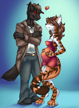 anthro belly big_belly blue_eyes blush breasts brown_hair clothing duo female hair heart_symbol love male male/female pregnant red_eyes stripes tail fivel alexandria_(maxiscore) maxis_core canid canine canis felid mammal pantherine tiger undead vampire wolf digital_media_(artwork) hi_res