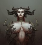 big_breasts black_horn blue_eyes breasts breasts_apart female front_view horn light_body light_skin navel not_furry simple_background small_waist solo wide_hips shinyglute blizzard_entertainment diablo lilith_(diablo) demon humanoid 2019 digital_media_(artwork) half-length_portrait hi_res portrait