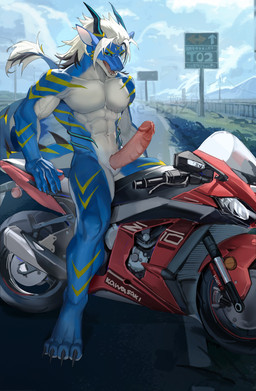 2_horns 4_toes anthro black_sclera blue_body blue_eyes blue_scales claws clothing cloud engine erection feet genitals gloves hair handwear horn long_hair male motorcycle mountain multicolored_body multicolored_scales muscular muscular_anthro muscular_male nude on_motorcycle outside penis road road_sign scales sky solo striped_body striped_scales stripes tail tail_spines tail_tuft toe_claws toes tuft utility_pole vehicle white_body white_hair white_scales yellow_stripes re_baiz mythology ausen dragon mythological_creature mythological_scalie scalie 2024 absurd_res alternate_version_at_source hi_res watermark