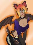 anthro belt bottomwear breasts cleavage clothed clothing ear_piercing female hair looking_at_viewer membrane_(anatomy) membranous_wings midriff navel pants piercing shirt short_hair solo spread_wings topwear torn_clothing wings tweedabop bat mammal 3:4 hi_res