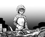 2022 6:5 anthro apron clothing cutting female fish fish_meat food gloves greyscale handwear hi_res hladilnik knife lonely_shark_(hladilnik) marine meat monochrome sad shark solo