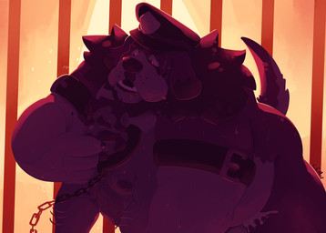 all_fours anthro anthro_penetrating anthro_penetrating_human black_hair bodily_fluids chain collar cum cum_splatter dipstick_ears duo ear_markings finger_in_mouth floppy_ears from_behind_position genital_fluids hair human_on_anthro human_penetrated interspecies male male/male male_penetrated male_penetrating male_penetrating_male moobs multicolored_ears nipples nude obese obese_anthro obese_human obese_male open_mouth overweight overweight_anthro overweight_human overweight_male penetration police police_hat sex chocolateandmilk canid canine canis domestic_dog human mammal hi_res restricted_palette
