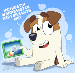 anthro brown_body brown_fur dialogue fur looking_away male multicolored_body multicolored_fur offscreen_character sitting solo tablet_computer text underpaw white_body white_fur murpheyarts bluey_(series) kerbal_space_program jack_russell_(bluey) canid canine canis domestic_dog hunting_dog jack_russell_terrier mammal terrier english_text hi_res