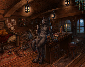 accessory animal_genitalia anthro black_body black_fur blue_eyes book bottle braided_hair candle candlestick casual_nudity claws container cup desk ear_piercing ear_ring fully_sheathed fur furniture genitals gun hair hair_accessory handgun holding_container holding_cup holding_mug holding_object inside lamp lantern leaning_on_table looking_at_viewer male melee_weapon mug nude nude_anthro nude_male paws penis penis_tip piercing pistol pointy_ears prick_ears ranged_weapon ring_piercing scroll sextant sheath solo stool sword table tail toe_claws wanted_poster weapon whisker_spots wood rukis red_lantern red_lantern_universe grayson_reed canid canine canis mammal wolf 2026 digital_media_(artwork) signature