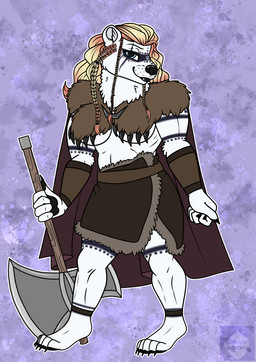 animal_skin anthro armwear axe battle_axe berserker bodypaint braided_hair cape clothing female hair pelt_clothing solo arwenscoots conditional_dnp bear mammal polar_bear ursine hi_res