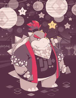 aged_up anthro belly bottomless clothed clothing cute_fangs detailed_background eating eyebrows fangs featureless_crotch festival food group hair horn humanoid_hands kerchief lamp lantern looking_aside male night open_clothing open_shirt open_topwear outside overweight overweight_male pattern_clothing red_hair shell shirt silhouette solo_focus spikes standing star_pattern tail teeth thick_eyebrows thick_tail three-quarter_view tied_hair topwear greenendorf mario_bros nintendo bowser_jr. dragon_koopa koopa reptile scalie toad_(mario) 2020 spot_color