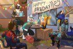 anthro birthday birthday_cake cake clothing dessert food gift group happy hat headgear headwear machine male party_hat druidogger 2k_games borderlands claptrap dante_kinkade canid canine canis domestic_dog mammal robot wolf 3:2 hi_res