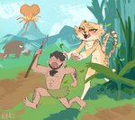 alternate_timeline alternate_universe anthro barefoot beard black_hair blush body_hair breasts brown_spots caveman chasing chest_hair convenient_censorship duo facial_hair featureless_breasts feet female forest grass hair hairy heart_symbol human_on_anthro interspecies jungle larger_anthro larger_female lava leaf male male/female melee_weapon mountain nature nude open_mouth plant polearm prehistoric running_away scared size_difference smaller_human smaller_male smoke spear spots tail tail_motion tailwag tongue tongue_out tree tribal tribal_clothing volcano weapon el-k akino_(el-k) kouda_(el-k) cheetah elephantid felid feline human mammal mammoth prehistoric_species proboscidean censored hi_res translated_description