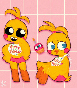 anthro beak bib black_sclera blonde_hair blue_eyes bunlovinsh chibi duo feathers female hair machine orange_body pink_cheeks ponytail semi-anthro sitting teeth white_eyes yellow_body yellow_feathers five_nights_at_freddy's five_nights_at_freddy's_2 scottgames cupcake_(fnaf) toy_chica_(fnaf) animatronic avian bird chicken galliform phasianid robot signature