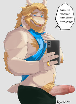 anthro arm_hair beard big_penis blue_eyes body_hair cellphone chest_hair clothed clothing electronics facial_hair genitals looking_at_viewer male male_focus penis phone presenting presenting_penis pubes selfie solo talking_to_another talking_to_viewer text lyrobr undertale_(series) asgore_dreemurr bovid caprine goat mammal 2025 absurd_res artist_name digital_drawing_(artwork) digital_media_(artwork) english_text hi_res signature