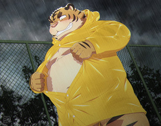 anthro balls barely_visible_balls barely_visible_genitalia belly blush clothed clothing coat genitals humanoid_hands kemono male moobs nipples overweight overweight_male raincoat raining solo topwear yellow_raincoat penta002 felid mammal pantherine tiger 2021