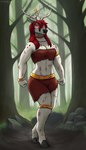 anthro antlers breasts cleavage clothed clothing female forest fur hair hooves horn muscular muscular_anthro muscular_female outside plant red_eyes red_hair runes solo tree white_body white_fur keadanger deer mammal 2021 absurd_res digital_media_(artwork) hi_res shaded