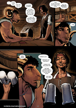 accessory anthro arm_scar beverage black_hair brown_body brown_skin clothed clothed_male clothing container cup detailed_background dialogue drinking_glass duo eating eating_food eyebrows facial_scar fantasy food glass glass_container glass_cup green_clothing green_shirt green_topwear hair headband holding_container holding_cup holding_drinking_glass holding_food holding_object horn inside jewelry looking_at_viewer male muscular muscular_anthro muscular_arms muscular_male necklace red_headband scar shirt size_difference smile smile_at_viewer solo tavern text thick_eyebrows topwear purplebirdman demimen roshim_(purplebirdman) bovid caprine goat human mammal sheep 2023 colored comic detailed english_text shaded url