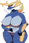 anthro areola biped blue_body breasts closed_smile female fur looking_at_viewer mouth_closed multicolored_body navel orange_eyes orange_nose pupils simple_background smile solo standing white_background white_body white_fur yellow_body gearfactory nintendo pokemon generation_5_pokemon pokemon_(species) samurott 2:3 hi_res