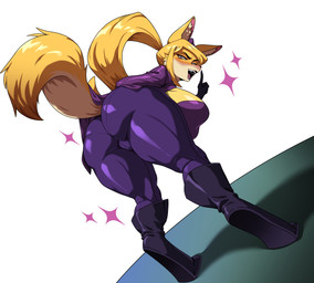 alternate_species anthro anthrofied bent_over big_breasts big_butt boots bottomwear breasts butt clothed clothing eyebrows eyelashes female footwear fully_clothed fur inner_ear_fluff looking_at_viewer looking_back multicolored_body multicolored_fur pants panty_lines raised_tail shoes solo tail thick_thighs tight_bottomwear tight_clothing tight_pants tuft two_tone_body two_tone_fur white_body white_fur yellow_body yellow_fur sudal gameoverse glitch_productions miss_information canid canine fox mammal 2026 absurd_res hi_res