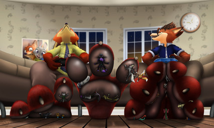 3_toes anthro black_body black_fur claws clothed clothing crush dipstick_tail extreme_size_difference feet foot_crush fur furniture gaming group hindpaw living_room male male/male markings micro multicolored_body necktie night oblivious orange_body orange_fur pawpads paws plantigrade purple_body purple_fur red_body red_fur shrunk sitting size_difference smaller_male smothering smug sofa soles stomping stuck_to_foot tail tail_markings toes two_tone_body under_paws rick_wilde disney zootopia judy_hopps kitsunaki nick_wilde canid canine european_rabbit fox lagomorph leporid mammal oryctolagus rabbit red_fox true_fox 2023 hi_res