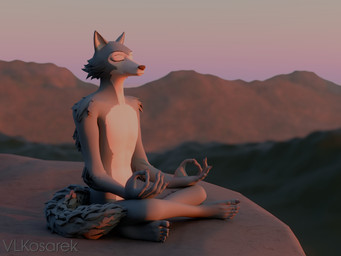 5_fingers 5_toes anthro arm_tuft cheek_tuft claws countershading crossed_legs crosslegged_pose depth_of_field detailed_background elbow_tuft eyes_closed facial_tuft feet fingers fur gesture grey_body grey_fur hand_gesture hands_on_knees hands_on_legs humanoid_feet humanoid_hands male meditation mountain nude ok_sign on_ground outside plantigrade relaxed_expression rock shadow shoulder_tuft sitting solo tail tail_on_ground three-quarter_view toes tuft conditional_dnp vlkosarek enticia_(modeler) beastars legoshi_(beastars) canid canine canis mammal wolf 2026 3d_(artwork) 4:3 absurd_res blender_(artwork) digital_media_(artwork) film_grain hi_res