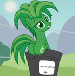 aloe_vera big_butt butt cutie_mark female fence feral green_eyes looking_at_viewer looking_back looking_back_at_viewer plant plant_pot potted_plant smile solo sun badumsquish hasbro my_little_pony elemental_creature equid equine flora_fauna horse mammal pony hi_res