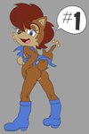 anthro big_hair black_nose blue_boots blue_clothing blue_eyes blue_footwear blue_topwear blue_vest boots bottomless breasts brown_body brown_fur brown_hair butt cheek_tuft clothed clothing eyelashes facial_tuft featureless_breasts featureless_crotch female footwear fur grey_background hair looking_at_viewer looking_back looking_back_at_viewer open_clothing open_mouth open_smile open_topwear rear_view scut_tail shoes short_tail simple_background smile solo speech_bubble tail topwear tuft vest ffisf karate_akabon archie_comics sega sonic_the_hedgehog_(archie) sonic_the_hedgehog_(comics) sonic_the_hedgehog_(series) sally_acorn chipmunk ground_squirrel mammal rodent sciurid 2:3 absurd_res hi_res