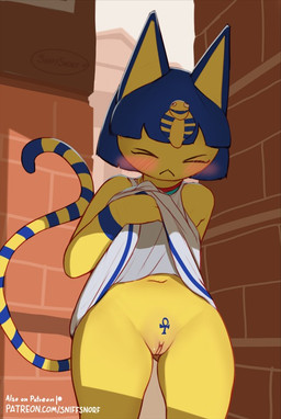 :< ankh ankh_tattoo anthro bangs biped blue_hair blush blush_lines bob_cut clothed clothing clothing_lift dress dress_lift eyes_closed female female_anthro flashing flashing_pussy front_view genitals hair humanoid_genitalia humanoid_vulva long_tail markings mouth_closed navel no_underwear noseless outside pubic_tattoo ring_(marking) ringed_tail short_hair solo striped_markings striped_tail stripes tail tail_markings tattoo text uraeus vulva sniffsnorf animal_crossing nintendo ankha_(animal_crossing) domestic_cat felid feline felis mammal 2024 digital_media_(artwork) portrait three-quarter_portrait url