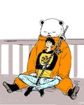 anthro black_nose bottomwear clothing duo eyes_closed male pants shirt sitting sleeping topwear weapon white_body beeprlae16 one_piece bepo_(one_piece) trafalgar_law bear human mammal minkmen_(one_piece) polar_bear ursine 2019