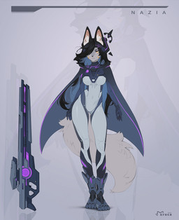 anthro biped breasts claws clothed clothed_anthro clothed_female clothing feet female fingers front_view fur gun hair inner_ear_fluff ranged_weapon solo standing tail toes tuft weapon eruca canid canine canis mammal wolf 2026 digital_drawing_(artwork) digital_media_(artwork) hi_res