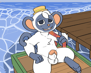 anthro balls black_body black_eyes black_fur boat chest_tuft clothing foreskin fur genitals hat hat_only headgear headgear_only headwear headwear_only humanoid_genitalia humanoid_penis lying male mostly_nude nude on_back outside panama_hat penis pier presenting presenting_penis public retracted_foreskin scarf sea smile solo tail tuft vehicle water watercraft white_body white_fur mousesix animal_crossing nintendo niko_(animal_crossing) haplorhine mammal monkey primate 2025 5:4 colored digital_drawing_(artwork) digital_media_(artwork)