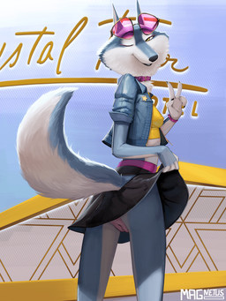 anthro biped blue_body blue_fur bottomwear clothed clothed_anthro clothed_female clothing clothing_lift eyewear eyewear_on_head female female_anthro fur genitals jacket looking_at_viewer multicolored_body multicolored_fur nipple_outline no_underwear one_eye_closed skirt skirt_lift solo sunglasses sunglasses_on_head topwear two_tone_body two_tone_fur upskirt vulva white_body white_fur wink winking_at_viewer yellow_eyes magnetus illumination_entertainment sing_(movie) porsha_crystal canid canine canis mammal wolf 2025 3:4 digital_media_(artwork) hi_res