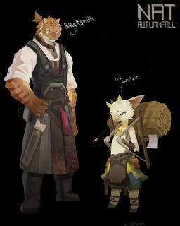 anthro axe barefoot bell bell_collar biped black_background black_boots black_clothing black_footwear boots bottomwear brown_body brown_eyes brown_fur clothed clothing collar feet fingerless_gloves fingers footwear fur gloves hair handwear hay hay_in_mouth hooves horizontal_pupils horn male pants ponytail pupils red_nose shirt shoes simple_background solo standing striped_body striped_fur stripes text topwear whiskers white_body white_clothing white_fur white_shirt white_topwear nat_autumnfall bovid caprine felid goat mammal pantherine tiger 2024 absurd_res english_text hi_res multiple_images shaded signature