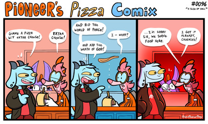 annoyed anthro black_clothing black_jacket black_topwear blue_body blue_fur bottomwear brown_suspenders chef clothed clothed_anthro clothed_female clothed_male clothing co-manager dialogue ear_piercing ear_ring eyewear female fully_clothed fully_clothed_anthro fully_clothed_female fully_clothed_male fur glasses gloves group handwear hat headgear headwear horn jacket long_ears mad_scientist male name_tag notebook open_mouth orange_clothing orange_hat orange_headwear orange_shirt orange_topwear pants piercing pink_body pink_fur pink_nose pink_tongue pizza_dough pupils red_bottomwear red_clothing red_hue red_insides red_pants red_shirt red_topwear ring_piercing shirt smile speech_bubble text tongue topwear trio unimpressed wearing_glasses white_clothing white_gloves white_handwear work_uniform yellow_sclera anotherartboy pioneer's_pizza chuckles_panglin lizzy_rattington american_opossum bovid caprine demon goat mammal marsupial pangolin virginia_opossum 2026 comic english_text hi_res meme