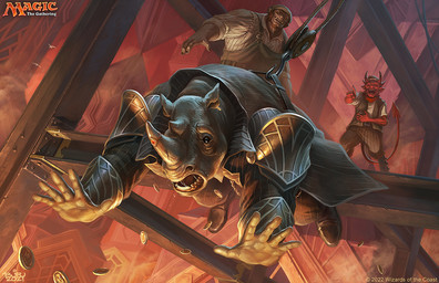 anthro beam_(structure) belt boots bottomwear clothing coin construction_site dutch_angle ear_piercing ear_ring footwear gesture grey_body group hand_gesture horn laugh male open_mouth overalls pants piercing pointing prank ring_piercing shoes spade_tail surprised tail text brian_valeza hasbro magic:_the_gathering wizards_of_the_coast demon demon_humanoid humanoid mammal rhinoceros english_text official_art